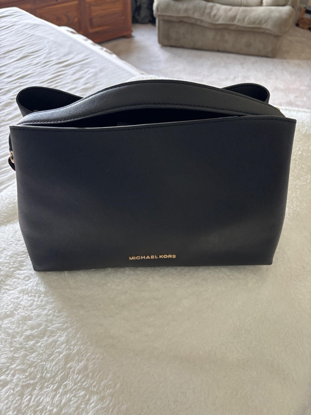 Michael Kors Black Saffiano Leather Shoulder Bag with Gold Logo